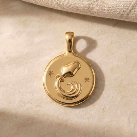 Solid Gold Aquarius Zodiac Pendant with Starburst Motifs