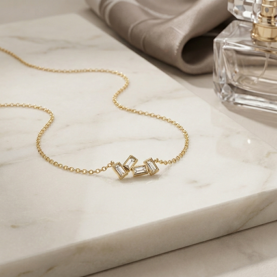 Geometric Baguette Crystal Gold Pendant Necklace | Triple Baguette Necklace