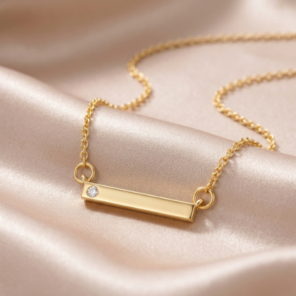 Solid Gold Horizontal Bar Pendant Necklace with Diamond Accent