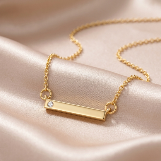 Solid Gold Horizontal Bar Pendant Necklace with Diamond Accent