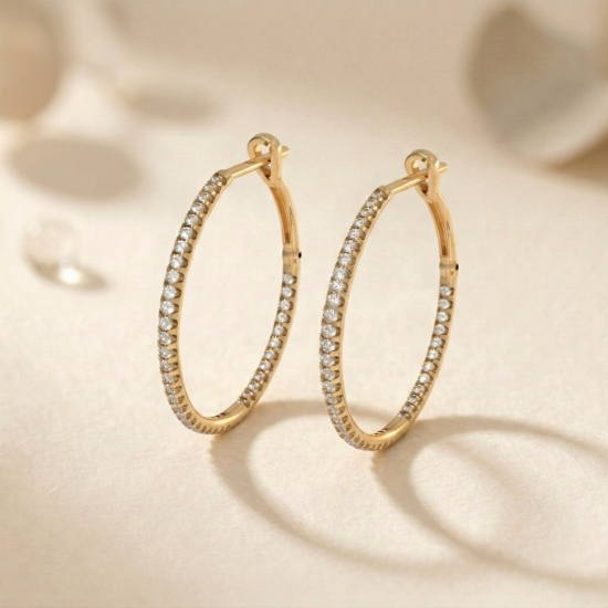 Solid Gold Full Pavé Diamond Hoop Earrings Eternity Hoop