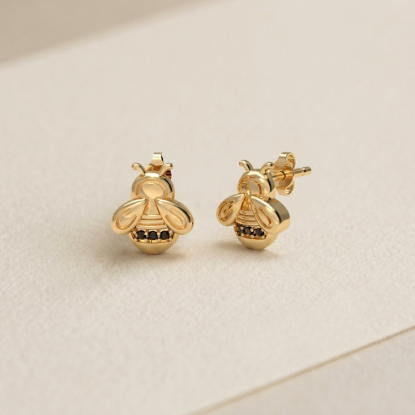 Solid Gold Bumble Bee Stud Earrings | Black Diamond Accent