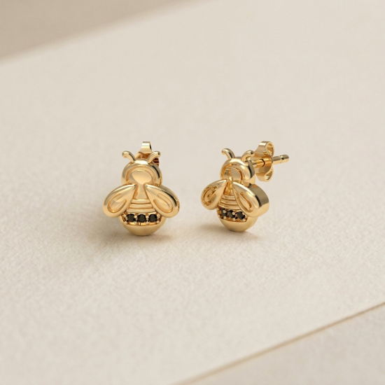 Bee Solid Gold Bumble Bee Stud Earrings with Black Diamond Accent