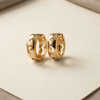 Celestial Moon & Star Hoop Earrings in Yellow Gold