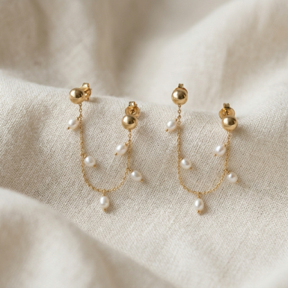 Gold Pearl Chain Drop Stud Earrings | Solid Gold
