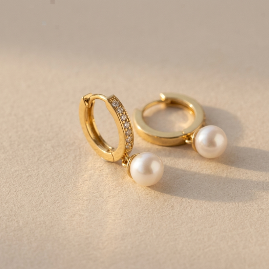 Gold Pearl Drop Pavé Crystal Huggie Hoop Earrings