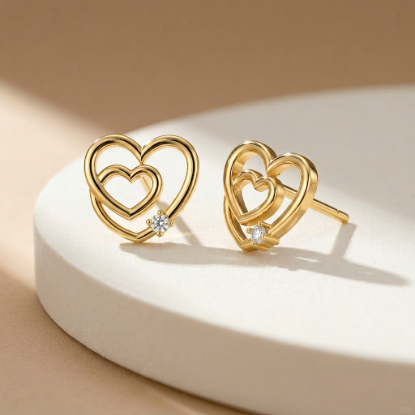 Double Heart Gold Stud Earrings | Diamond Accent
