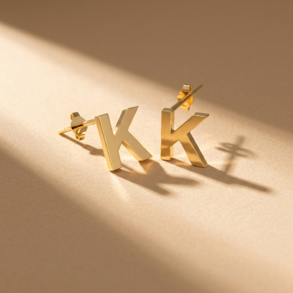 Initial Letter K Gold Stud Earrings