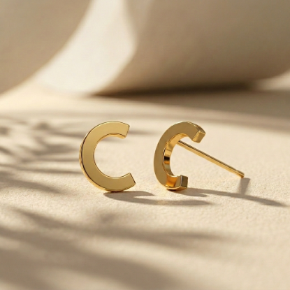 Initial Letter C Gold Stud Earrings