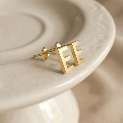 Initial Letter E Gold Stud Earrings