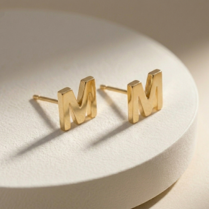 Solid Gold Initial Letter M Stud Earrings
