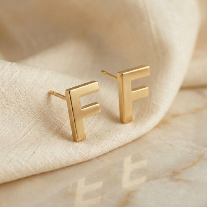Initial Letter F Gold Stud Earrings