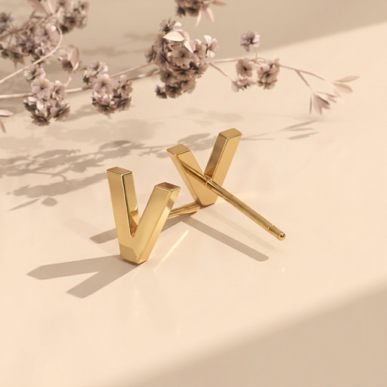 Solid Gold Initial Letter V Stud Earrings