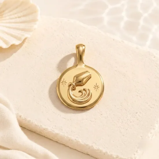 Solid Gold Aquarius Zodiac Pendant with Starburst Motifs