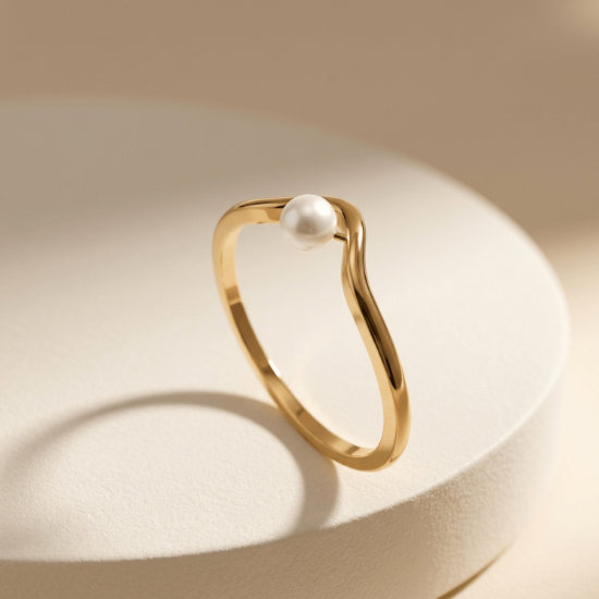 V-Shape Single Pearl Gold Ring for Women