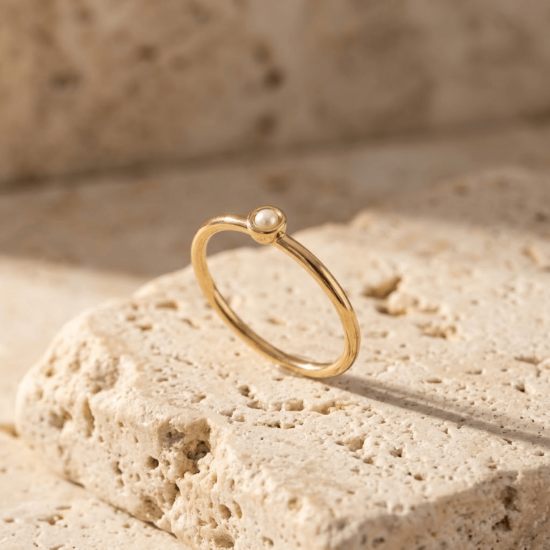 Bezel Pearl Stackable Ring in Solid Yellow Gold