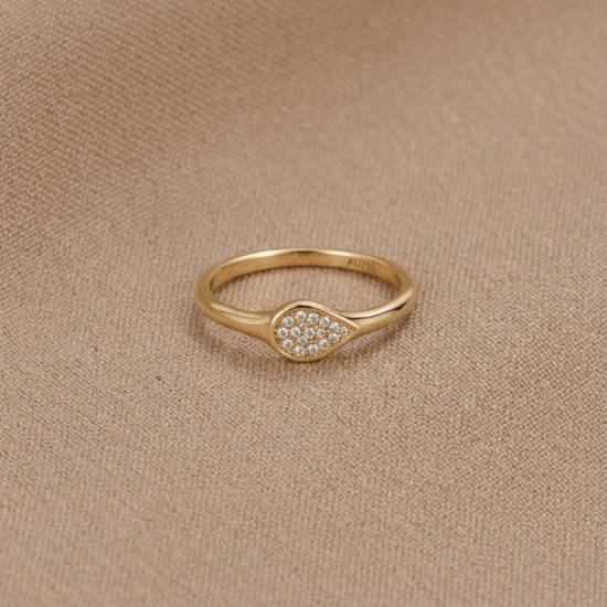 Drop Shape Pavé Stone Ring in Solid Yellow Gold