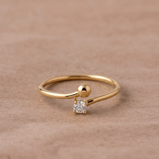 Open Gold Bead and Stone Ring in Solid Yellow Gold