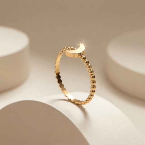 Crescent Moon Beaded Ring in Solid Yellow Gold