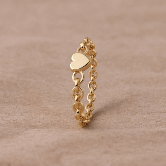 Heart Chain Link Ring in Solid Yellow Gold